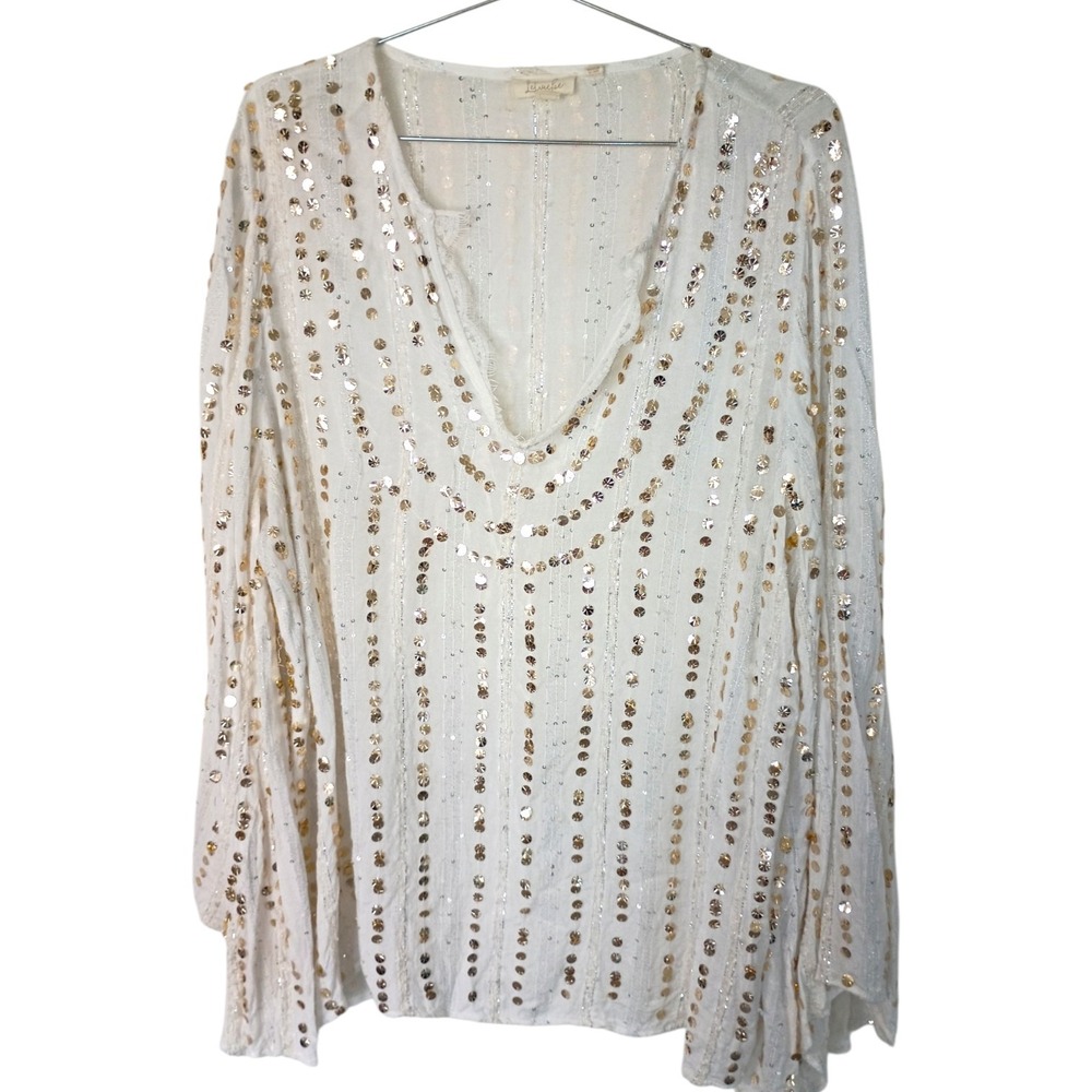 Letmebe White Sequin Metallic Stripe V-Neck Bell Sleeve Boho Blouse Top Size M